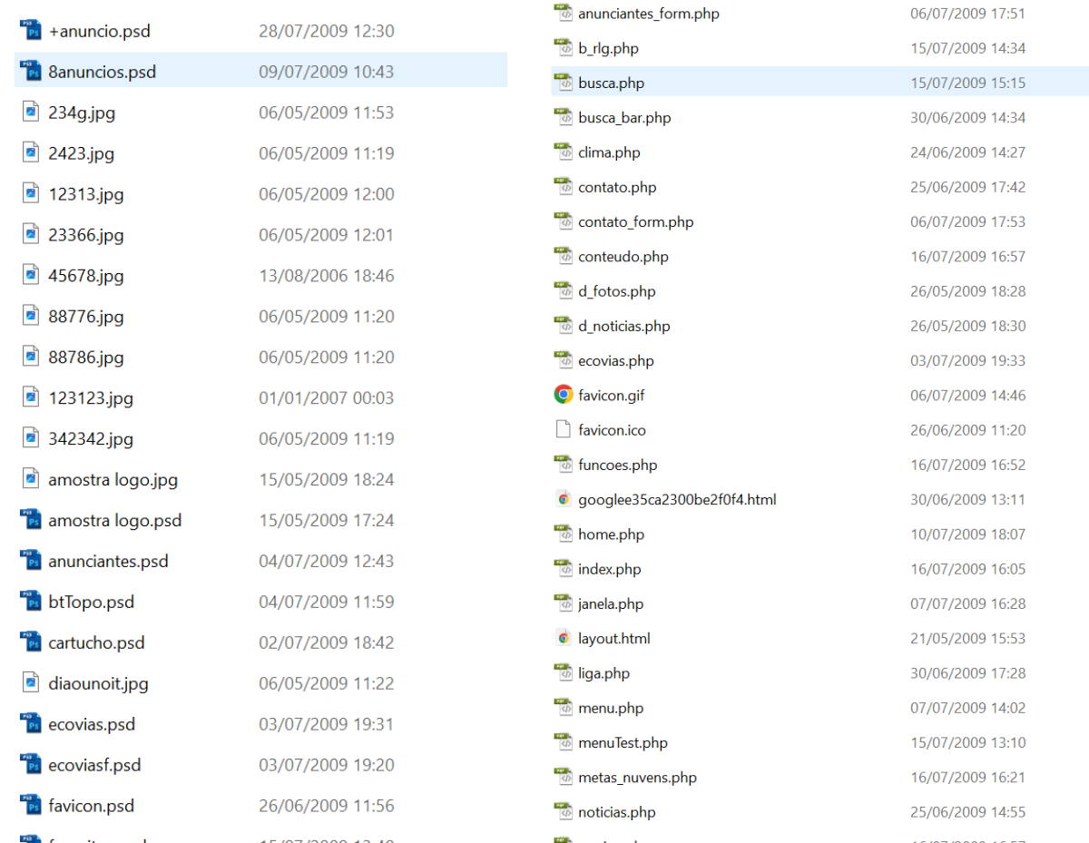 Lista de arquivos PHP do projeto em 2009